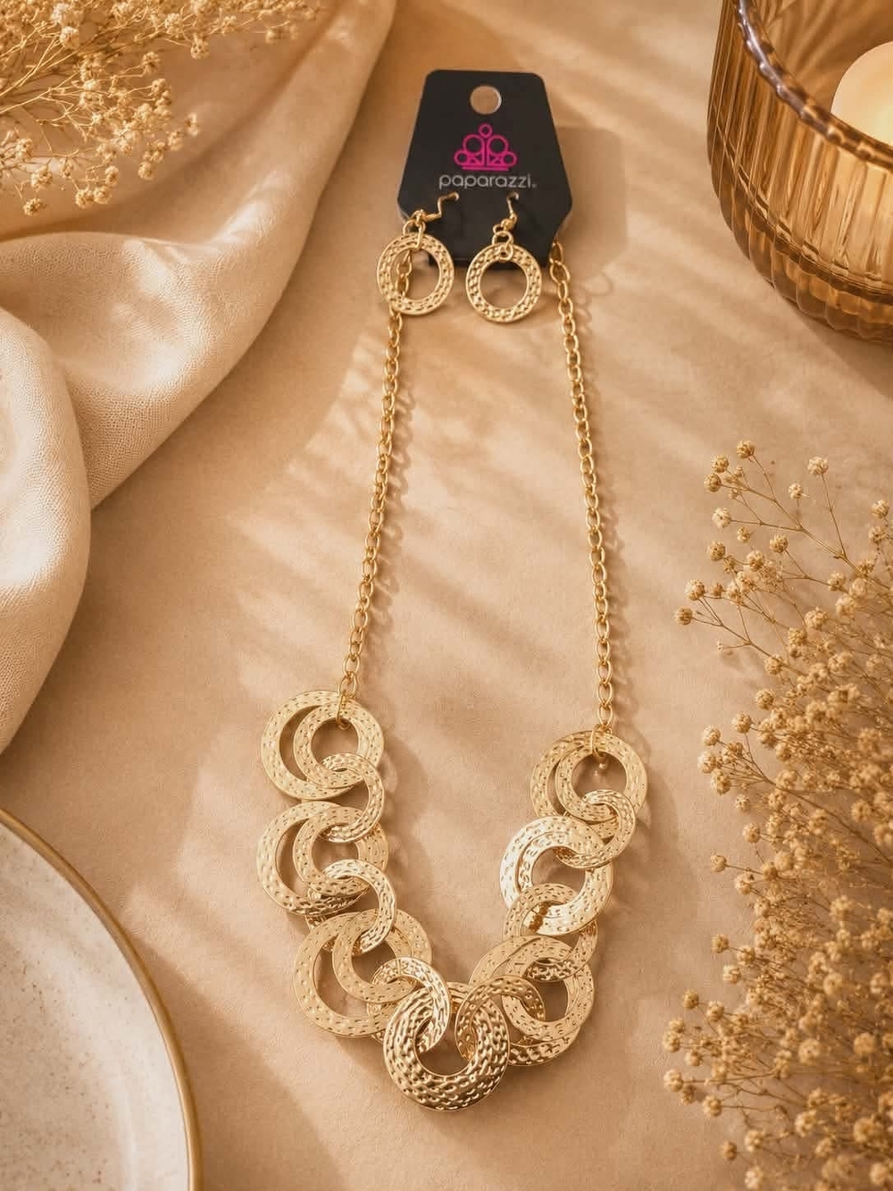 paparazzi Gold Hammered Interlink Necklace and Earrings Set